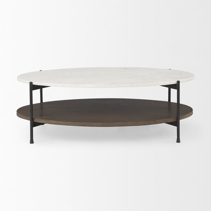 30" White Black and Brown Genuine Marble and Iron Oval Coffee Table HomeRoots