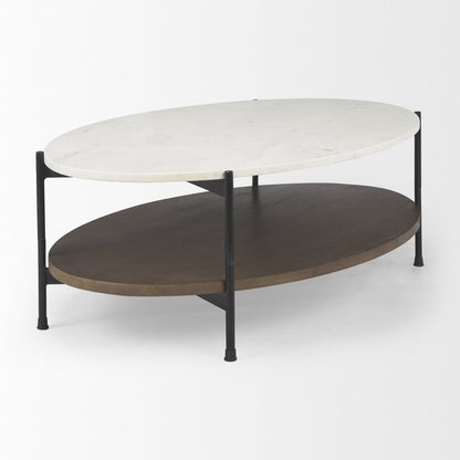 30" White Black and Brown Genuine Marble and Iron Oval Coffee Table