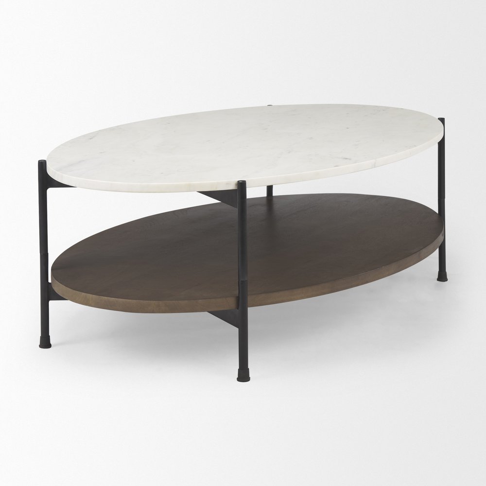 30" White Black and Brown Genuine Marble and Iron Oval Coffee Table — view 3