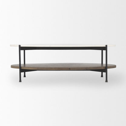 30" White Black and Brown Genuine Marble and Iron Oval Coffee Table HomeRoots