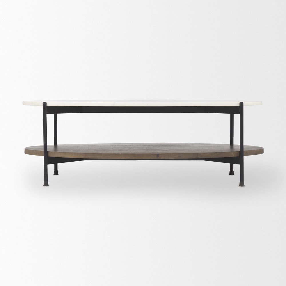 30" White Black and Brown Genuine Marble and Iron Oval Coffee Table — view 4