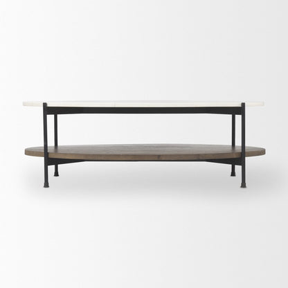 30" White Black and Brown Genuine Marble and Iron Oval Coffee Table