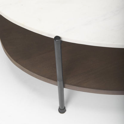 30" White Black and Brown Genuine Marble and Iron Oval Coffee Table