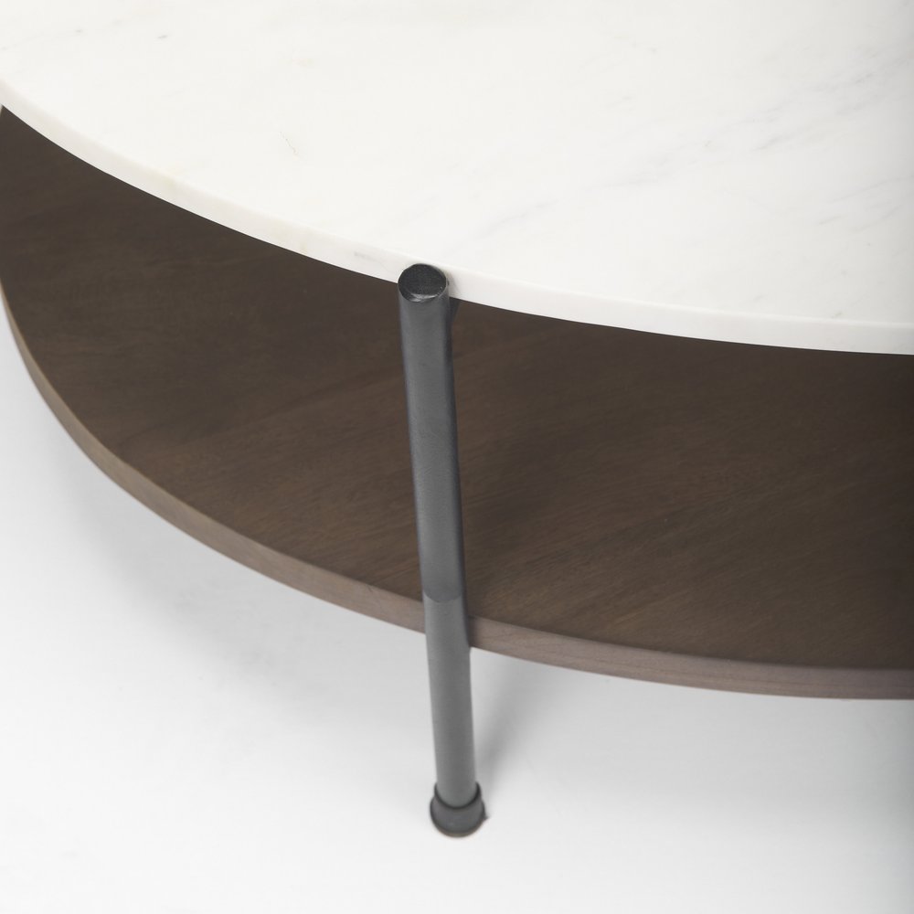 30" White Black and Brown Genuine Marble and Iron Oval Coffee Table HomeRoots