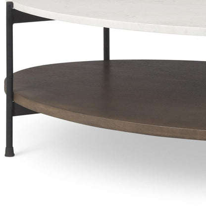 30" White Black and Brown Genuine Marble and Iron Oval Coffee Table