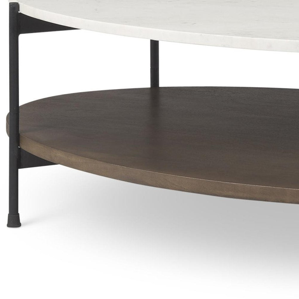 30" White Black and Brown Genuine Marble and Iron Oval Coffee Table HomeRoots