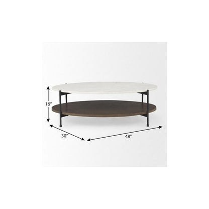 30" White Black and Brown Genuine Marble and Iron Oval Coffee Table HomeRoots