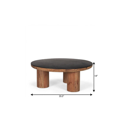 36" Black and Natural Wood and Reclaimed Wood Round Coffee Table HomeRoots