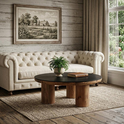 36" Black and Natural Wood and Reclaimed Wood Round Coffee Table HomeRoots