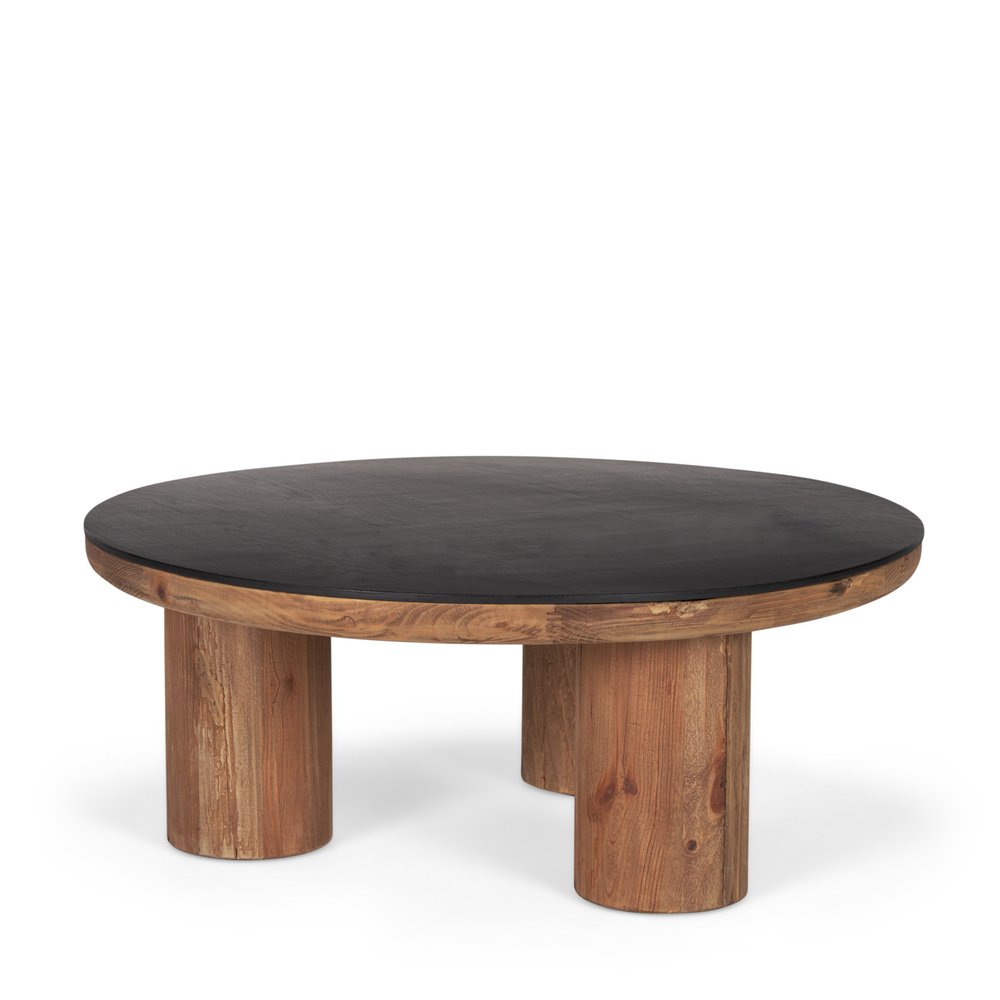 36" Black and Natural Wood and Reclaimed Wood Round Coffee Table HomeRoots