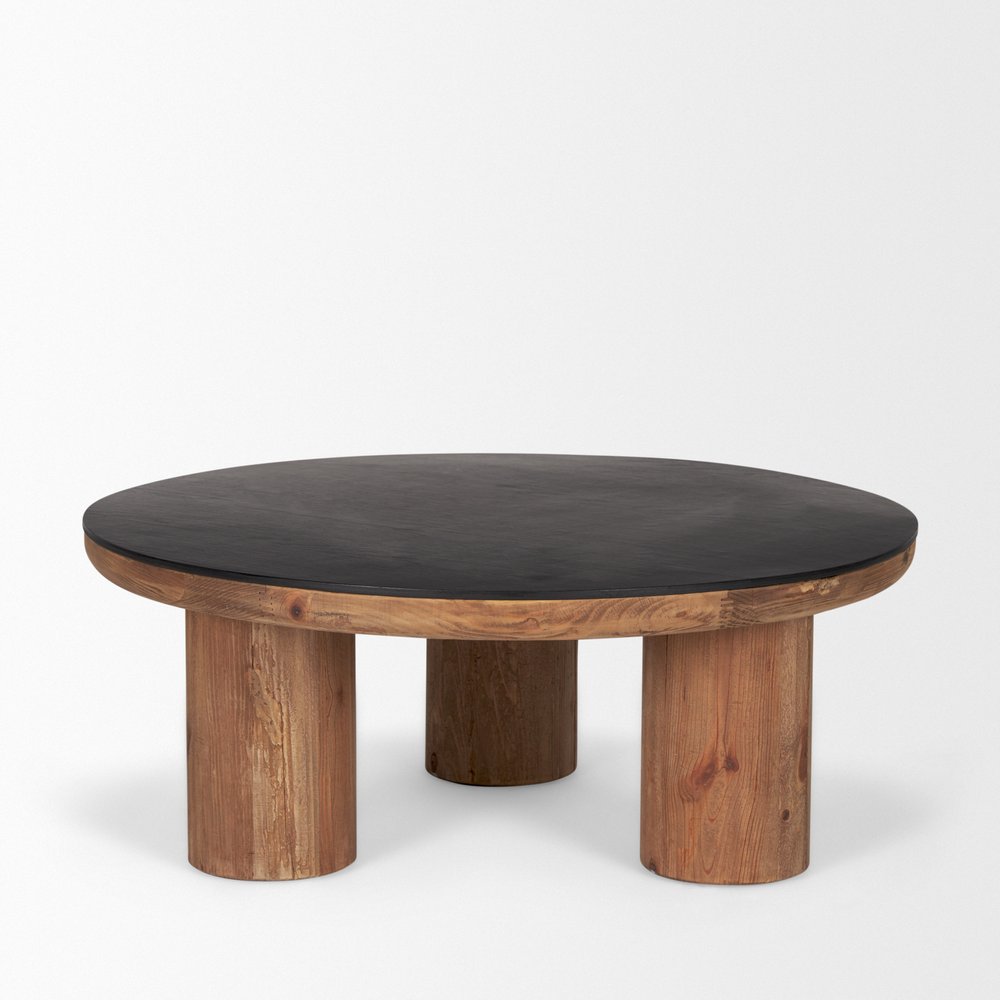 36" Black and Natural Wood and Reclaimed Wood Round Coffee Table — view 3