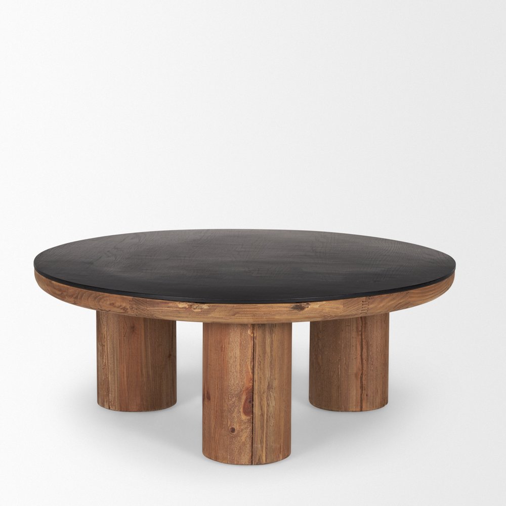36" Black and Natural Wood and Reclaimed Wood Round Coffee Table — view 4