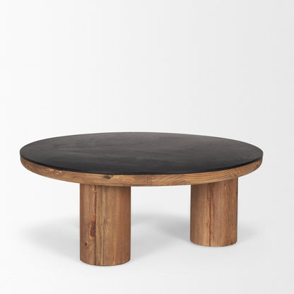 36" Black and Natural Wood and Reclaimed Wood Round Coffee Table HomeRoots