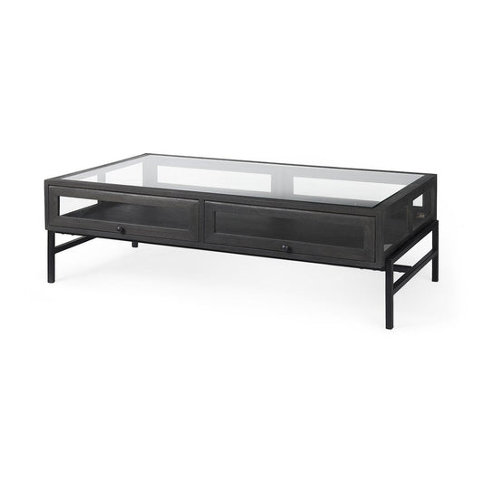 50" Clear and Black Mirrored Glass and Iron Frame Coffee Table