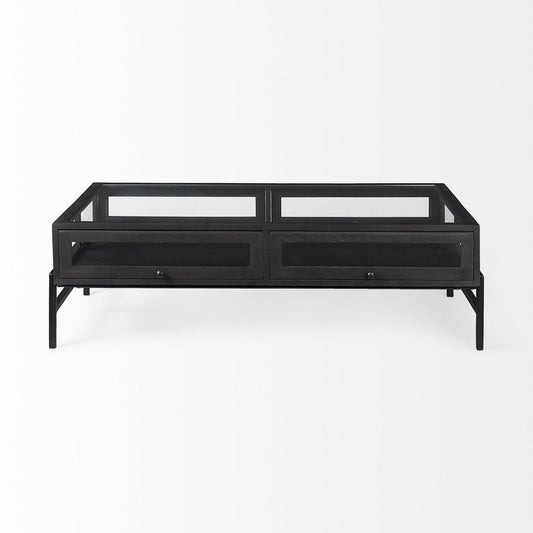 50" Clear and Black Mirrored Glass and Iron Frame Coffee Table