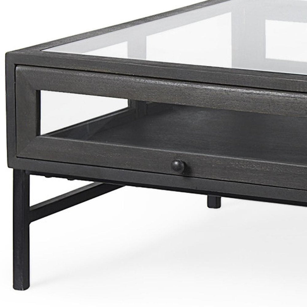 50" Clear and Black Mirrored Glass and Iron Frame Coffee Table