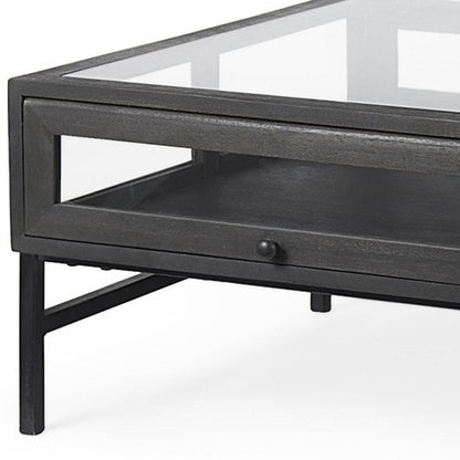 50" Clear and Black Mirrored Glass and Iron Frame Coffee Table