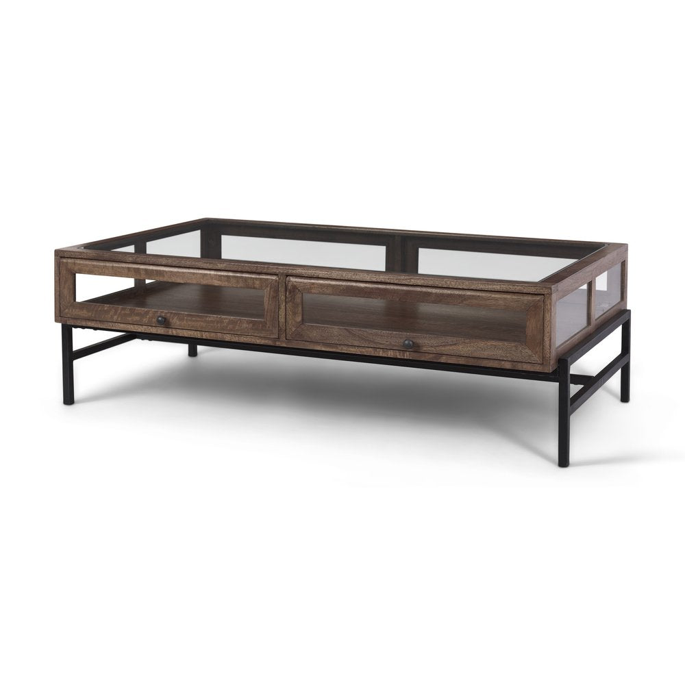 50" Brown Clear and Black Glass Solid Wood and Iron Coffee Table HomeRoots
