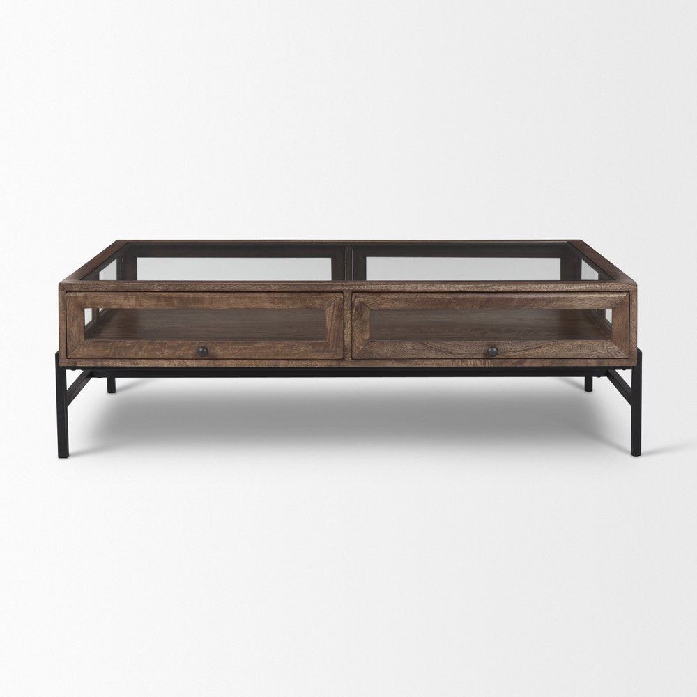 50" Brown Clear and Black Glass Solid Wood and Iron Coffee Table HomeRoots