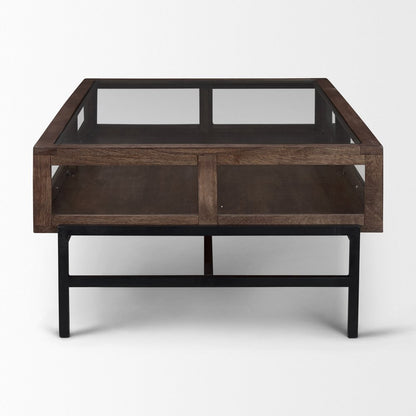 50" Brown Clear and Black Glass Solid Wood and Iron Coffee Table HomeRoots