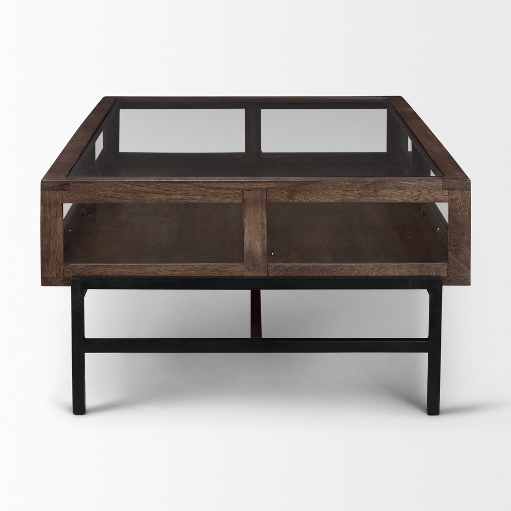 50" Brown Clear and Black Glass Solid Wood and Iron Coffee Table — view 3