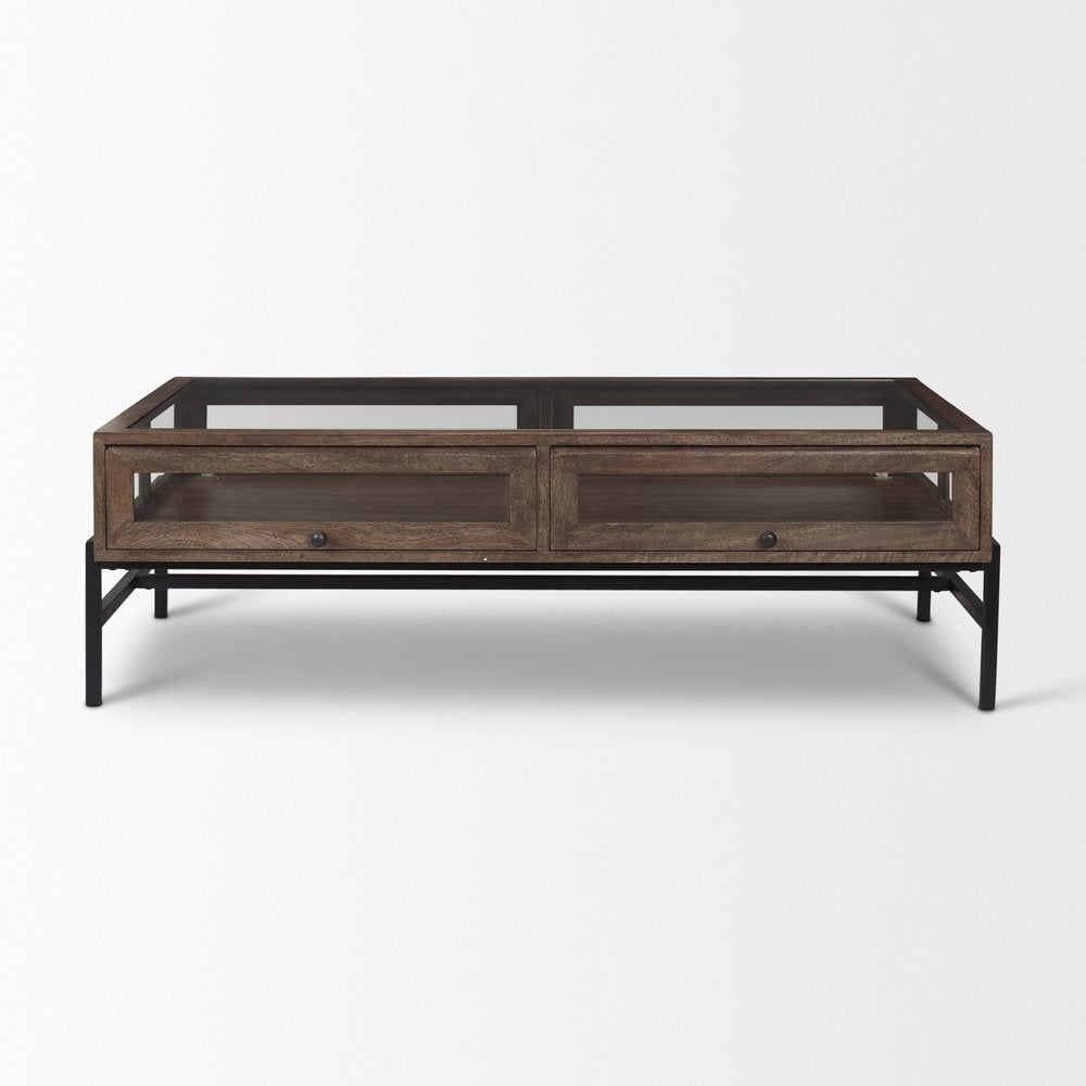 50" Brown Clear and Black Glass Solid Wood and Iron Coffee Table — view 4