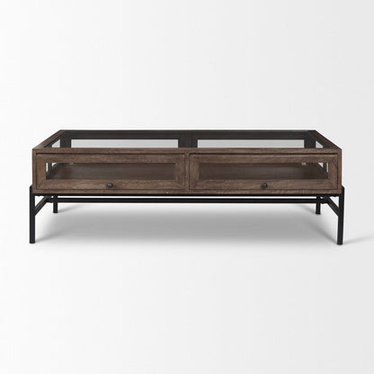 50" Brown Clear and Black Glass Solid Wood and Iron Coffee Table HomeRoots