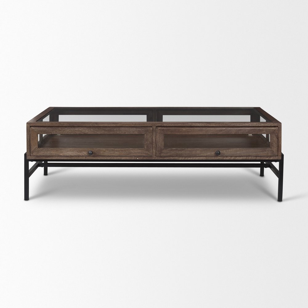 50" Brown Clear and Black Glass Solid Wood and Iron Coffee Table