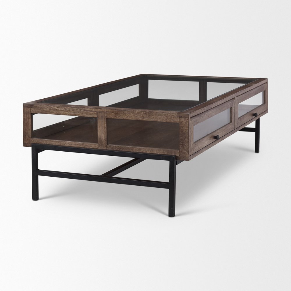 50" Brown Clear and Black Glass Solid Wood and Iron Coffee Table — view 5