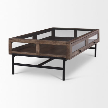 50" Brown Clear and Black Glass Solid Wood and Iron Coffee Table HomeRoots