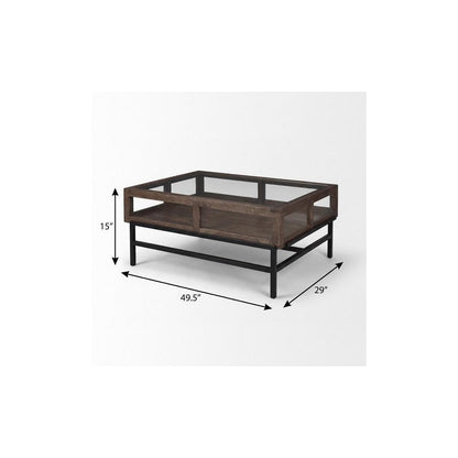 50" Brown Clear and Black Glass Solid Wood and Iron Coffee Table HomeRoots