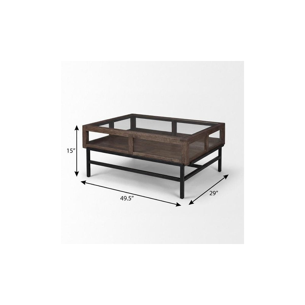 50" Brown Clear and Black Glass Solid Wood and Iron Coffee Table — view 8