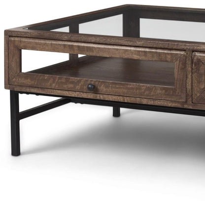 50" Brown Clear and Black Glass Solid Wood and Iron Coffee Table