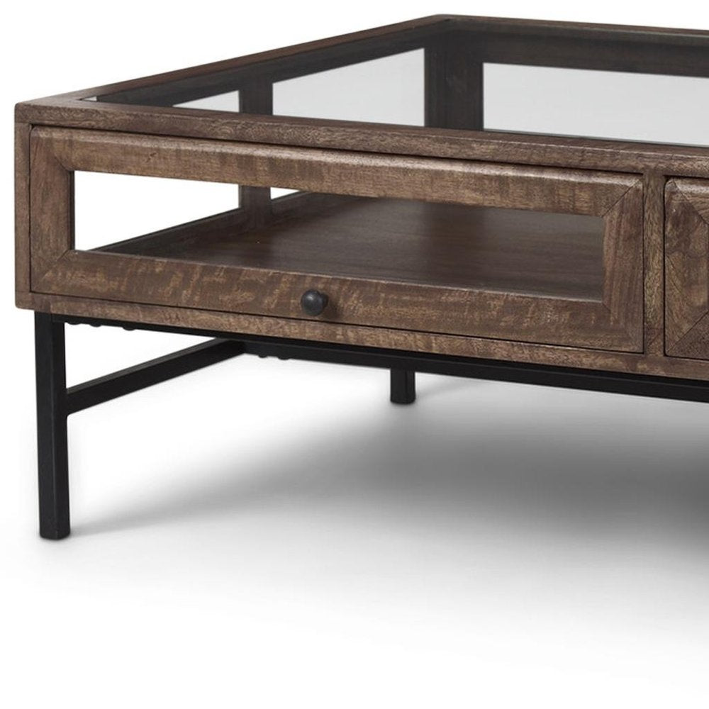 50" Brown Clear and Black Glass Solid Wood and Iron Coffee Table — view 7
