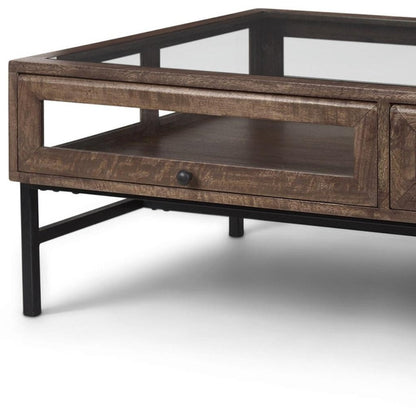 50" Brown Clear and Black Glass Solid Wood and Iron Coffee Table HomeRoots