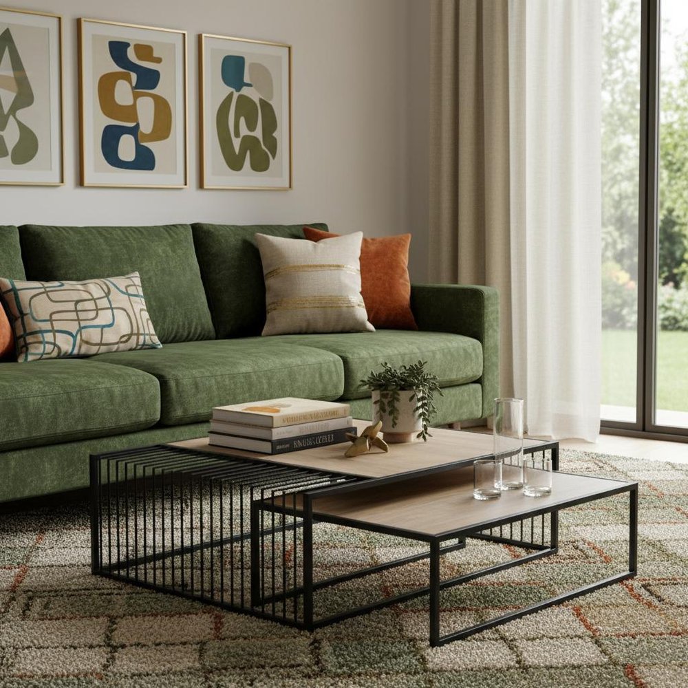 Set Of Two Light Brown and Black Solid Wood and Iron Square Frame Nested Coffee Tables — view 1