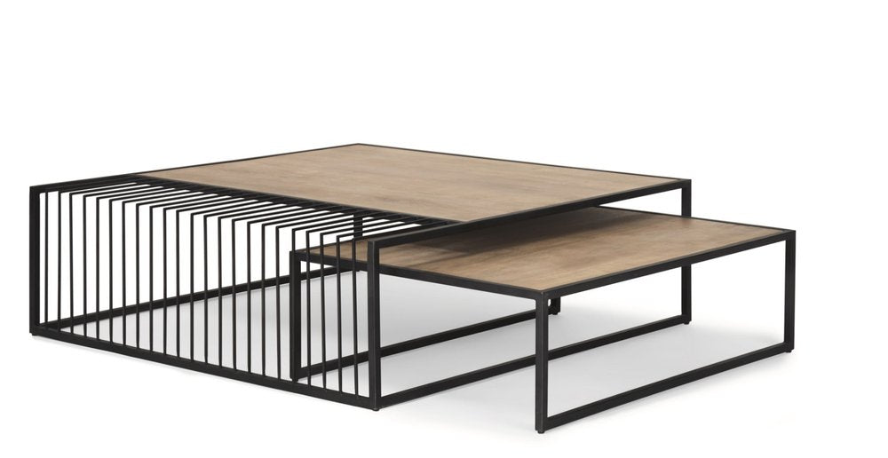 Set Of Two Light Brown and Black Solid Wood and Iron Square Frame Nested Coffee Tables HomeRoots