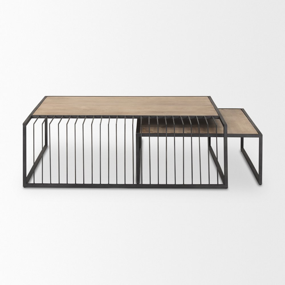Set Of Two Light Brown and Black Solid Wood and Iron Square Frame Nested Coffee Tables HomeRoots