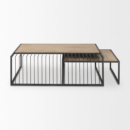 Set Of Two Light Brown and Black Solid Wood and Iron Square Frame Nested Coffee Tables HomeRoots