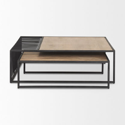 Set Of Two Light Brown and Black Solid Wood and Iron Square Frame Nested Coffee Tables HomeRoots