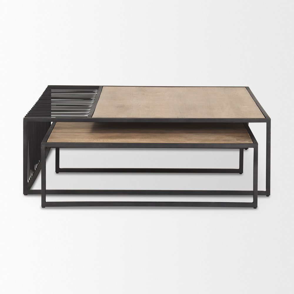 Set Of Two Light Brown and Black Solid Wood and Iron Square Frame Nested Coffee Tables — view 3