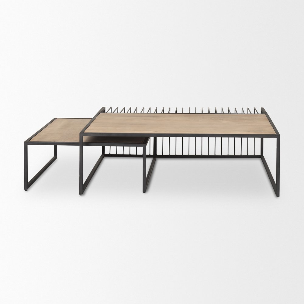 Set Of Two Light Brown and Black Solid Wood and Iron Square Frame Nested Coffee Tables — view 4