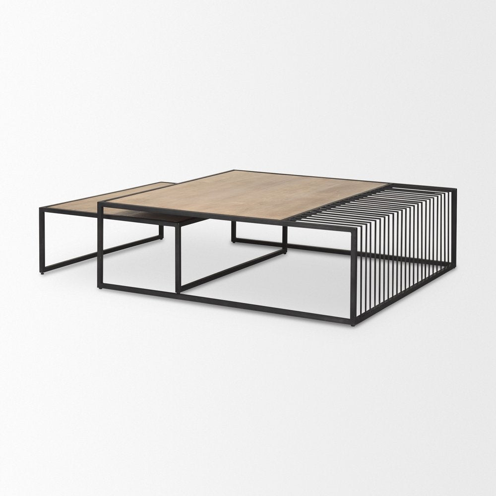 Set Of Two Light Brown and Black Solid Wood and Iron Square Frame Nested Coffee Tables HomeRoots
