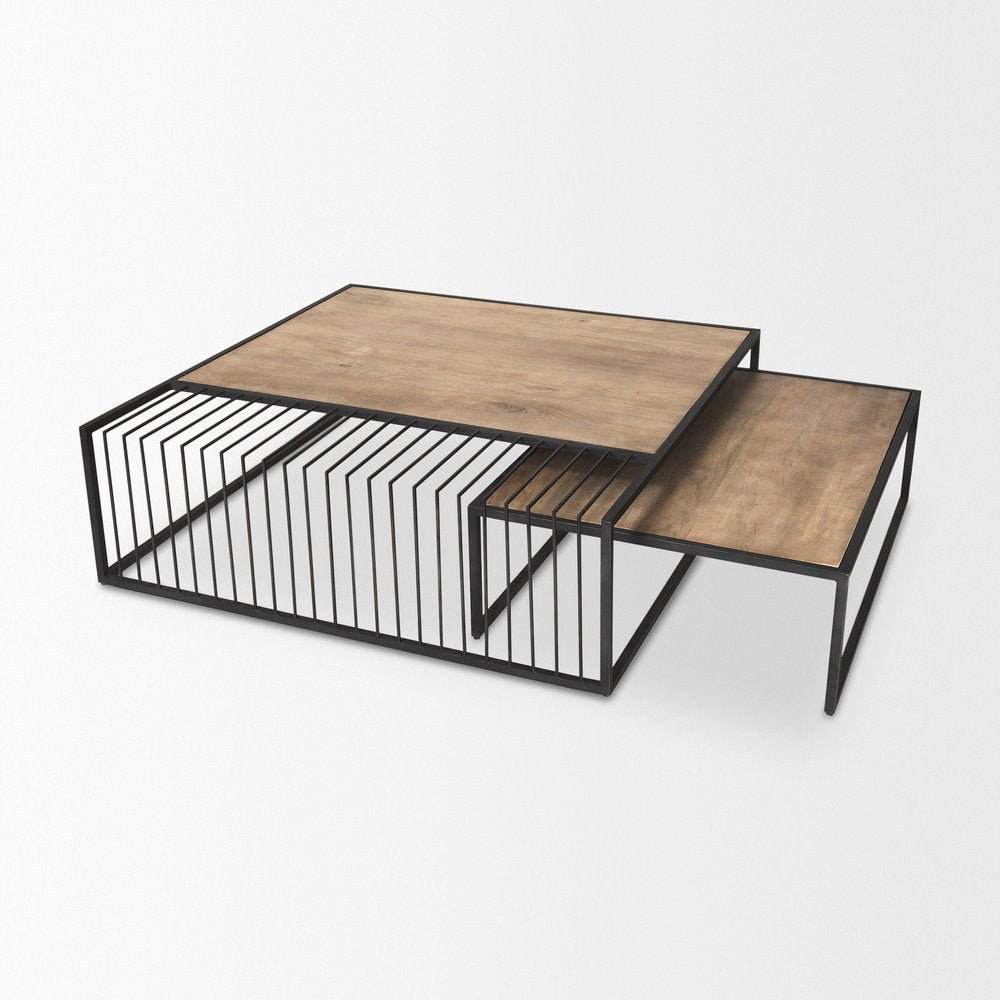 Set Of Two Light Brown and Black Solid Wood and Iron Square Frame Nested Coffee Tables — view 6