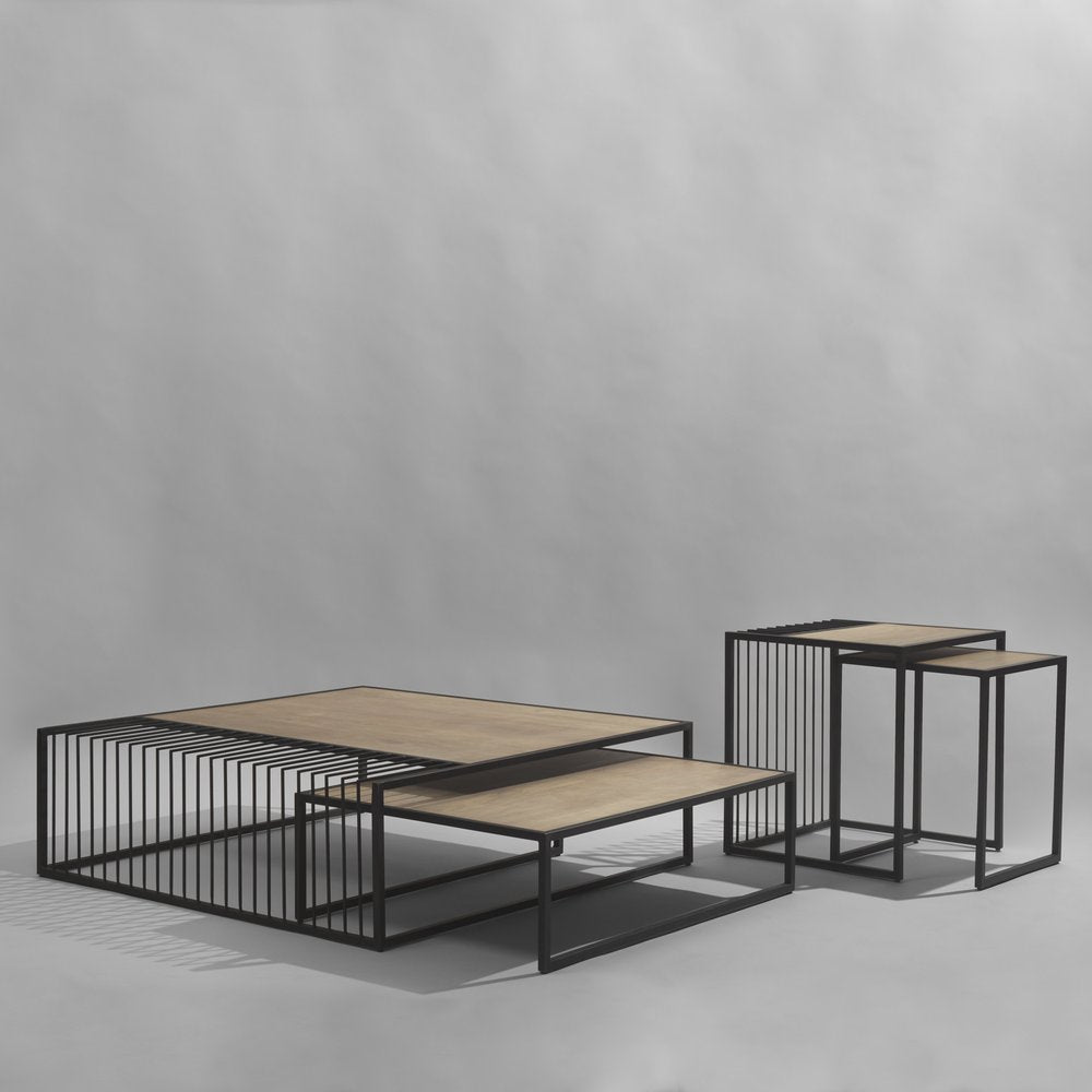 Set Of Two Light Brown and Black Solid Wood and Iron Square Frame Nested Coffee Tables — view 7