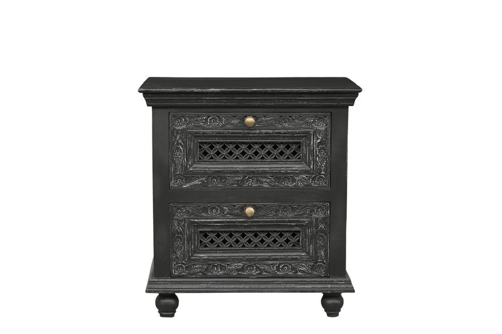 28" Black Solid Wood Square Distressed Carved Floral Two Drawer Nightstand HomeRoots