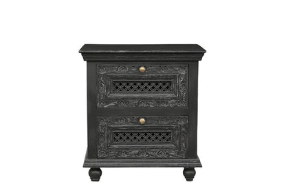 28" Black Solid Wood Square Distressed Carved Floral Two Drawer Nightstand HomeRoots