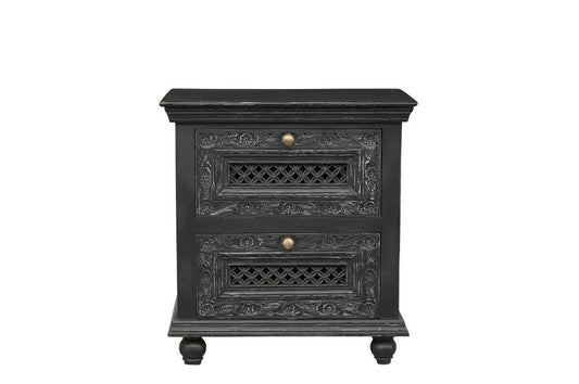 28" Black Solid Wood Square Distressed Carved Floral Two Drawer Nightstand