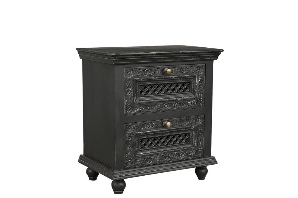 28" Black Solid Wood Square Distressed Carved Floral Two Drawer Nightstand — view 3