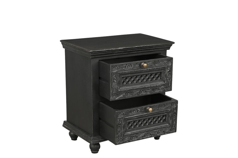 28" Black Solid Wood Square Distressed Carved Floral Two Drawer Nightstand — view 4